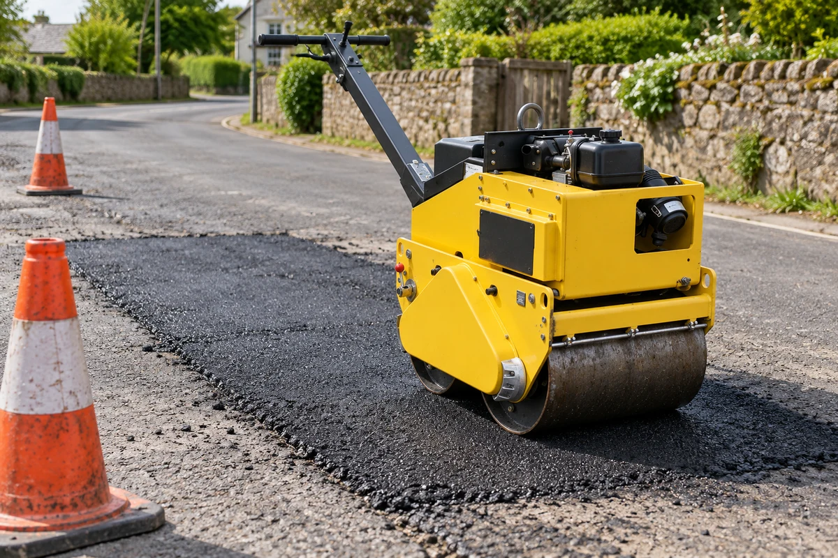 A compact roller and cones beside a repaired road.