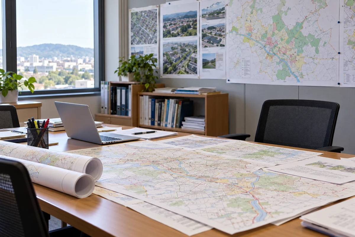 Maps and plans in a regional planning office.