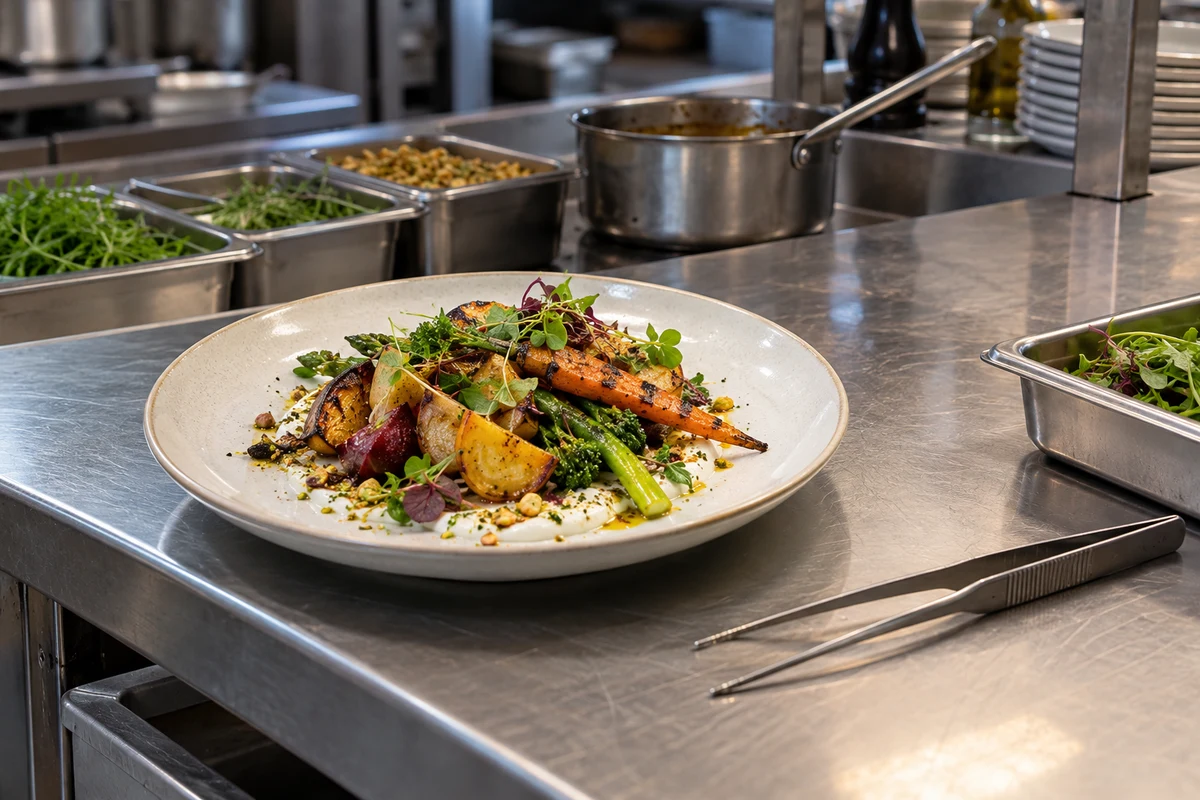 A plated vegetable dish on a restaurant kitchen counter.
