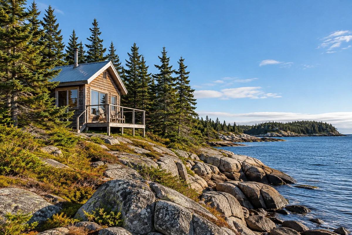A remote wooden cabin beside spruce trees and a rocky lake shore.