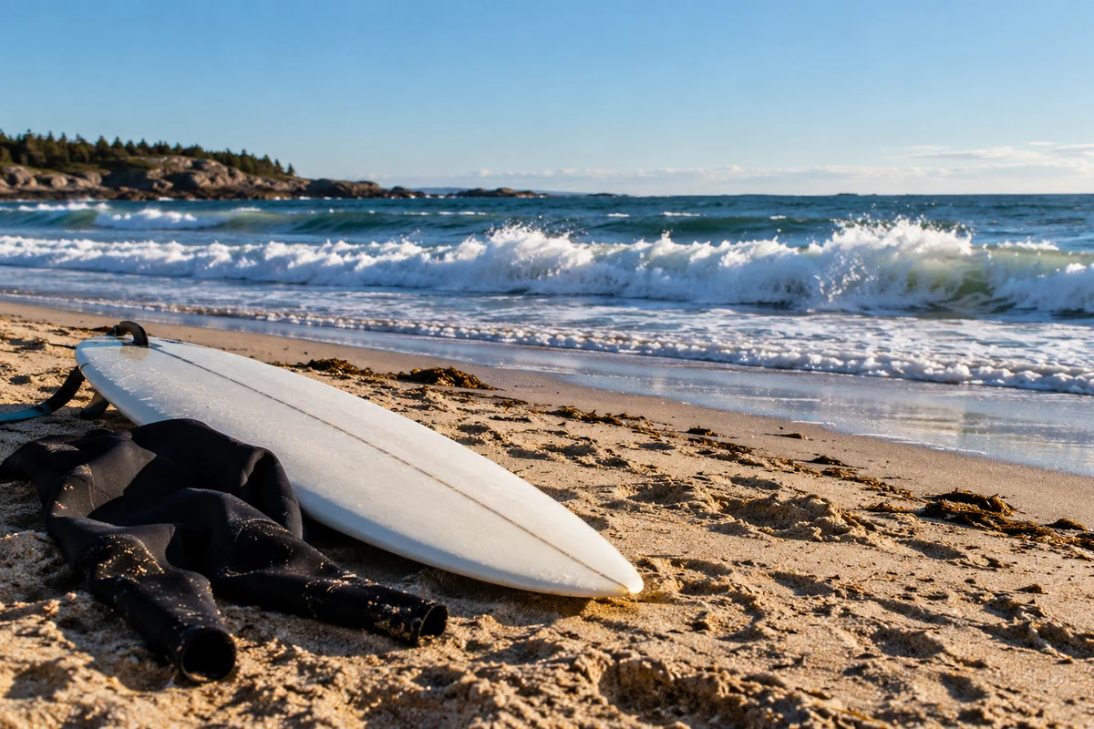 A surfboard resting in sand beside a wetsuit and rolling Atlantic waves.