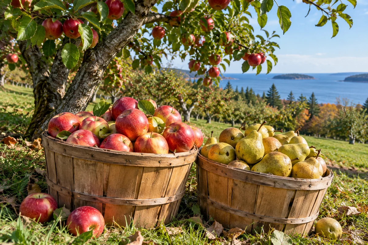 Baskets of apples and pears beneath fruit trees in an orchard.