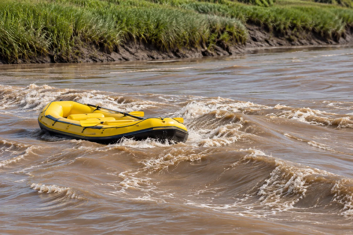 A raft on a muddy tidal river with swirling currents and grassy banks.