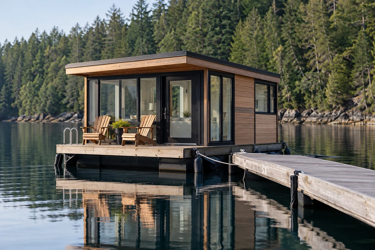 A small floating cabin moored on a calm inlet, a short dock and water reflections.
