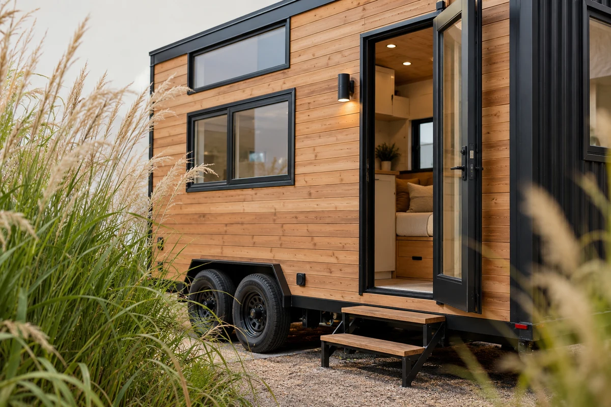 A tiny holiday cabin on wheels beside tall grasses.