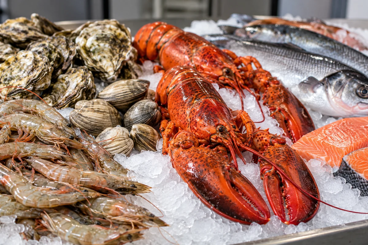 Fresh fish and shellfish on ice at a small seafood market, tasteful editorial still life.
