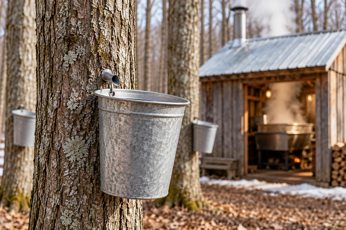 Maple sap buckets and a small sugar shack among spring maple trees.