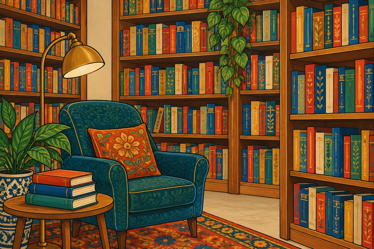 Tall shelves of colourful books and a reading lamp in a welcoming small public library.