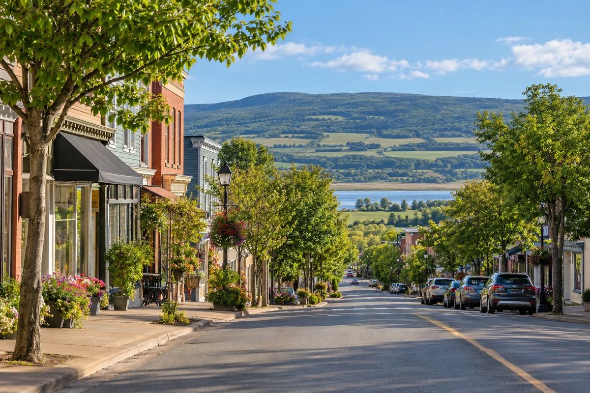 An attractive small-town main street with leafy trees and modest shops beneath the green valley hills.